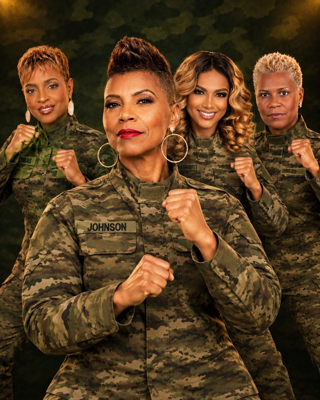 Four women in military-inspired camouflage uniforms pose with raised fists for the Soul of a Woman Conference.